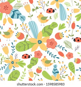 Hand drawn flower seamless pattern. Summer flowers repeat background Graphic prints. Bright texture. Tropical leaves, insect, bird. Cute kids design. Spring season. Cartoon style. Vector illustration.