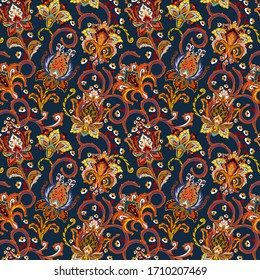 Hand drawn flower seamless pattern (tile). Colorful background with bizarre flowers, paisley. Bright colorful on naavy blue