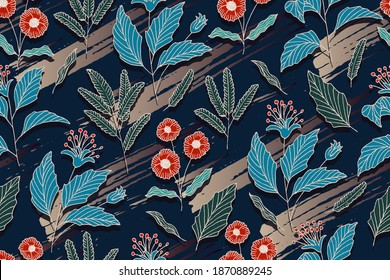 Hand Drawn Flower Seamless Pattern With Brush Background
