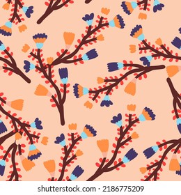 Hand drawn flower seamless pattern. Naive art. Cute floral wallpaper. Abstract plants endless backdrop. Design for fabric, textile print, wrapping paper, cover. Vector illustration