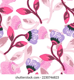Hand drawn flower seamless pattern. Naive art style. Cute botanical plants endless backdrop. Decorative floral wallpaper. Design for fabric, textile print, wrapping paper, cover. Vector illustration