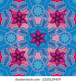 Patrón sin costuras de flores dibujadas a mano (mosaico). Colorido patrón sin costuras con flores lindas, paisajes y colores agradables. Patrón transparente de acuarela para textiles.