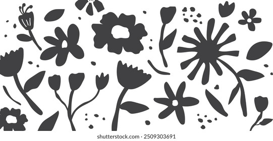 Flor dibujada a mano Patrón sin fisuras con flores y hojas para tela, textil, Fondo de pantalla, ropa. Abstractas fondo floral. Ilustración vectorial
