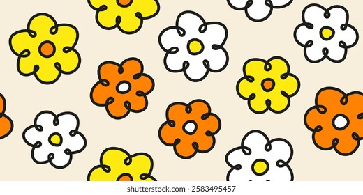 Hand drawn flower seamless pattern with cartoon style. Childish and fun floral doodle pattern, design for fabric, cover, wrapping, wallpaper.