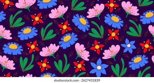 Dibujado a mano patrón de flores sin fisuras con lindas flores de campo salvaje de Naturaleza. Doodle extravagantes plantas de verano y primavera. Fondo repetible femenino perfecto para la moda, ropa, tarjetas, invitaciones, envoltura