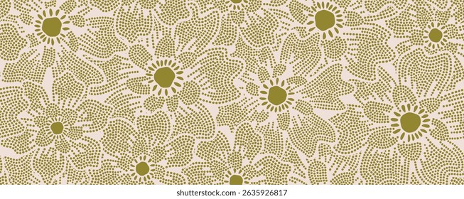 Hand drawn flower seamless pattern on dotted style. Organic shapes abstract floral background.