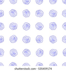 Hand drawn flower seamless pattern. Flower card with dog rose silhouette. Flower background. Wild rose design. Vintage monochrome dog rose pattern. Abstract blue roses sketch.
