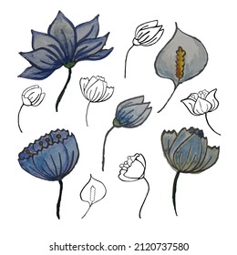 Hand drawn flower set. Set of isolated floral elements floral elements. Floral graphic design