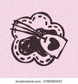 Hand drawn flower shaped tea bag illustration with a heart on the tag. Line art doodle on a textured pink background, perfect for organic cafe menus, spring branding, or cozy greeting cards