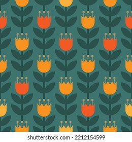 Formas florales dibujadas a mano con ramas y hojas. Resumen de elementos botánicos en la ilustración vectorial de filas horizontales. Color amarillo y naranja sin costuras sobre fondo verde.