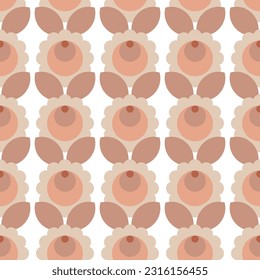 Hand drawn flower shapes with leaves. Abstract botanical elements in rows vector illustration. Colorful beige pink brown seamless pattern on white background.