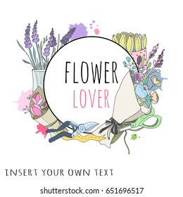 Hand drawn flower shop elements. Circle colored logo. Insert your own text