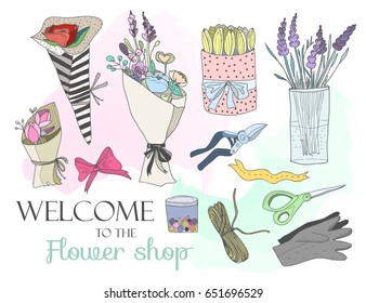 Hand drawn flower shop elements. Colored graphic vector set