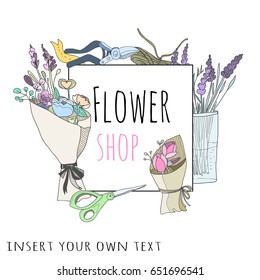 Hand drawn flower shop elements. Square colored logo. Insert your own text