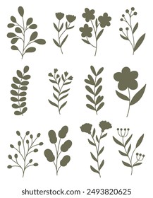 Hand Drawn Flower silhouette. Leaves and floral silhouette 