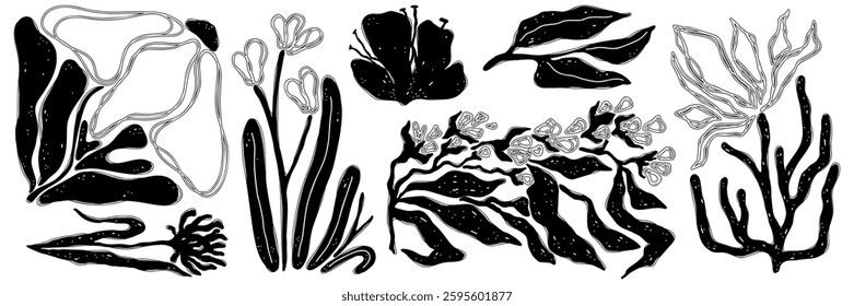 Hand drawn flower silhouette in naive linocut style. Neo folk black floral element asset with texture. Vector isolated illustration.