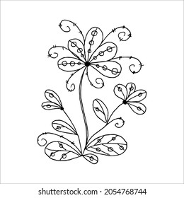 Hand drawn flower single doodle element for coloring, black and white vector image