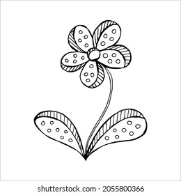 Hand drawn flower single doodle element for coloring, black and white vector image