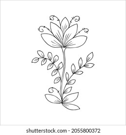 Hand drawn flower single doodle element for coloring, black and white vector image