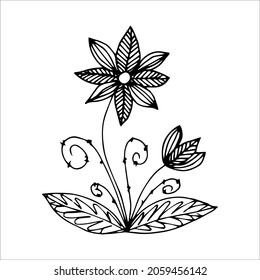 Hand drawn flower single doodle element for coloring, black and white vector image