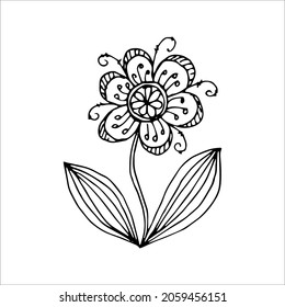 Hand drawn flower single doodle element for coloring, black and white vector image