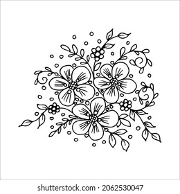 Flor dibujada a mano, elemento de doodle único para colorear, diseñar, afiche, invitación, postal. Imagen vectorial en blanco y negro