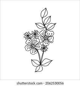 Hand drawn flower, single doodle element  for coloring, design, poster, invitation, postcard. Black and white vector image
