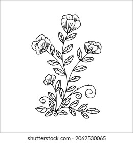 Hand drawn flower, single doodle element  for coloring, design, poster, invitation, postcard. Black and white vector image