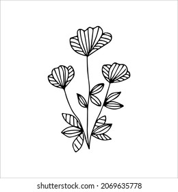 Hand drawn flower single doodle element for coloring, black and white vector image