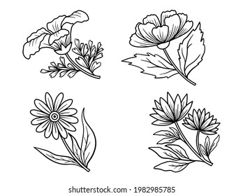 Hand drawn flower sketch line art illustration set.
