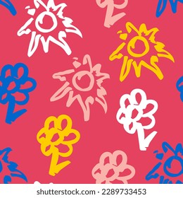 Hand drawn flower and sun on a bright pink background create a seamless pattern for fashion textile. Vector.
