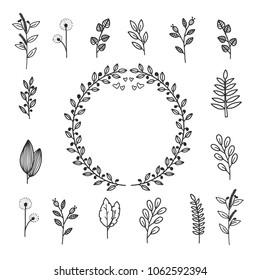 Hand drawn of flower and tree doodle set and text nature. Vector illustration design for wedding, logo, templates, invitation and valentine day concept.