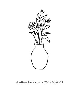 Hand Drawn Flower Vase Line Art, Doodle Floral Bouquet Outline.Simple Drawing Vector Design.
