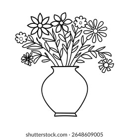 Hand Drawn Flower Vase Line Art, Doodle Floral Bouquet Outline.Simple Drawing Vector Design.
