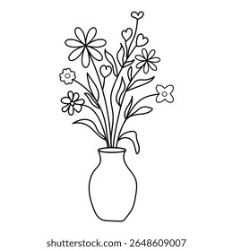 Hand Drawn Flower Vase Line Art, Doodle Floral Bouquet Outline.Simple Drawing Vector Design.
