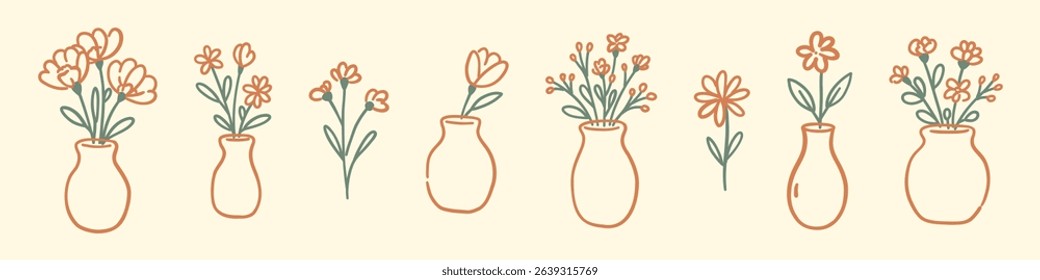 Hand drawn flower vase set with simple floral doodles in pastel colors. Vector linear botanical illustration on light background
