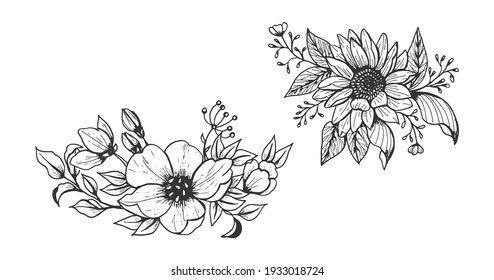 Hand drawn flower vintage vector illustration. Monochrome bouquet sketch drawing.