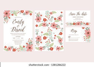 Hand Drawn Flower Wedding invitation template, RSVP, Save The date.  