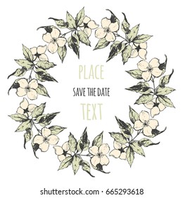 Hand drawn flower wreath. Decorative floral element for wedding design; greeting cards or invitations. Jasmine frame; vector illustration.
