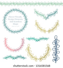 Hand drawn flower wreath, design elements, seamless shape pattern brushes set.
One style design elements collection.