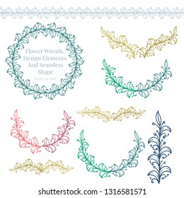 Hand drawn flower wreath, design elements, seamless shape pattern brushes set.
One style design elements collection.