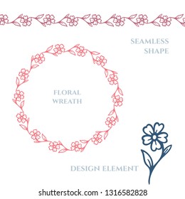 Hand drawn flower wreath, design elements, seamless shape pattern brushes set.
One style design elements collection.