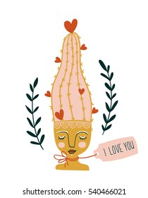 Hand drawn flowering cactus  in the ceramic pot with woman face. Scandinavian style illustration, Valentine's day card with lettering - 'I love you'. Vector print design.