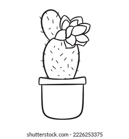 Hand drawn flowering cactus in pot. Line art with white background. Isolated vector illustration