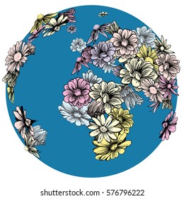 Hand drawn flowering Earth
