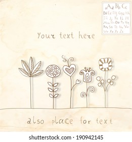 Hand drawn flowers and ABC set on a vintage background