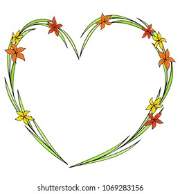 Hand drawn flowers arranged in a shape of heart. Doodle style. Wildflowers wreath isolated on white background.