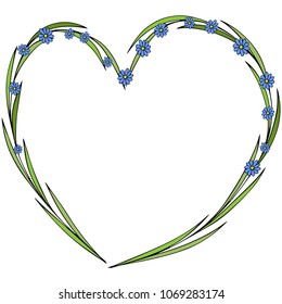 Hand drawn flowers arranged in a shape of heart. Doodle style. Wildflowers wreath isolated on white background.