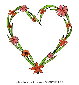 Hand drawn flowers arranged in a shape of heart. Doodle style. Wildflowers wreath isolated on white background.