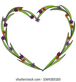 Hand drawn flowers arranged in a shape of heart. Doodle style. Wildflowers wreath isolated on white background.